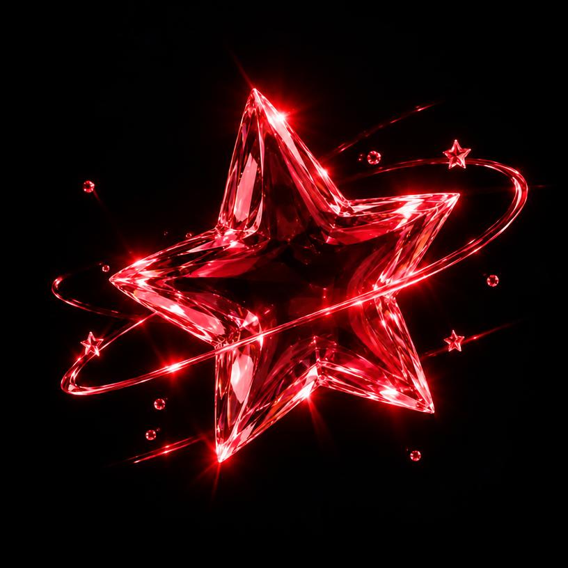 Estrela de cristal vermelha com anéis orbitais luminosos